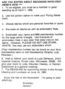 Flying Geese - April 1985 Newsletter Article, note from President Carolyn Sidebottom